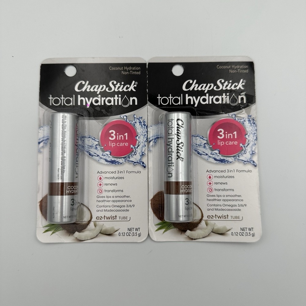 (2) ChapStick Total Hydration 3 In 1 Lip Care Coconut Non-Tinted